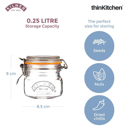 Kilner Premium 250ml Airtight Leakproof Square Glass Jar Set of 6 with Clip Top Lid or Spices, Sauces, Chutneys, Baby Food, Honey, Ghee | Kitchen Storage Reusable BPA Free Glass Container
