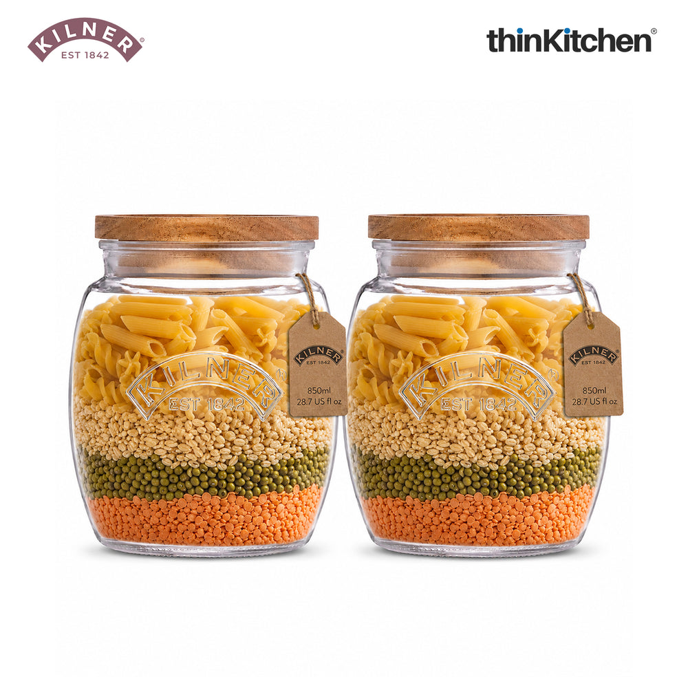 Kilner Premium Universal Airtight Glass Jar Set of 2 with Wooden Lid - 850ml | BPA Free, Reusable Kitchen Food Container for Dry Food, Grains, Pasta, Cereals, Pulses