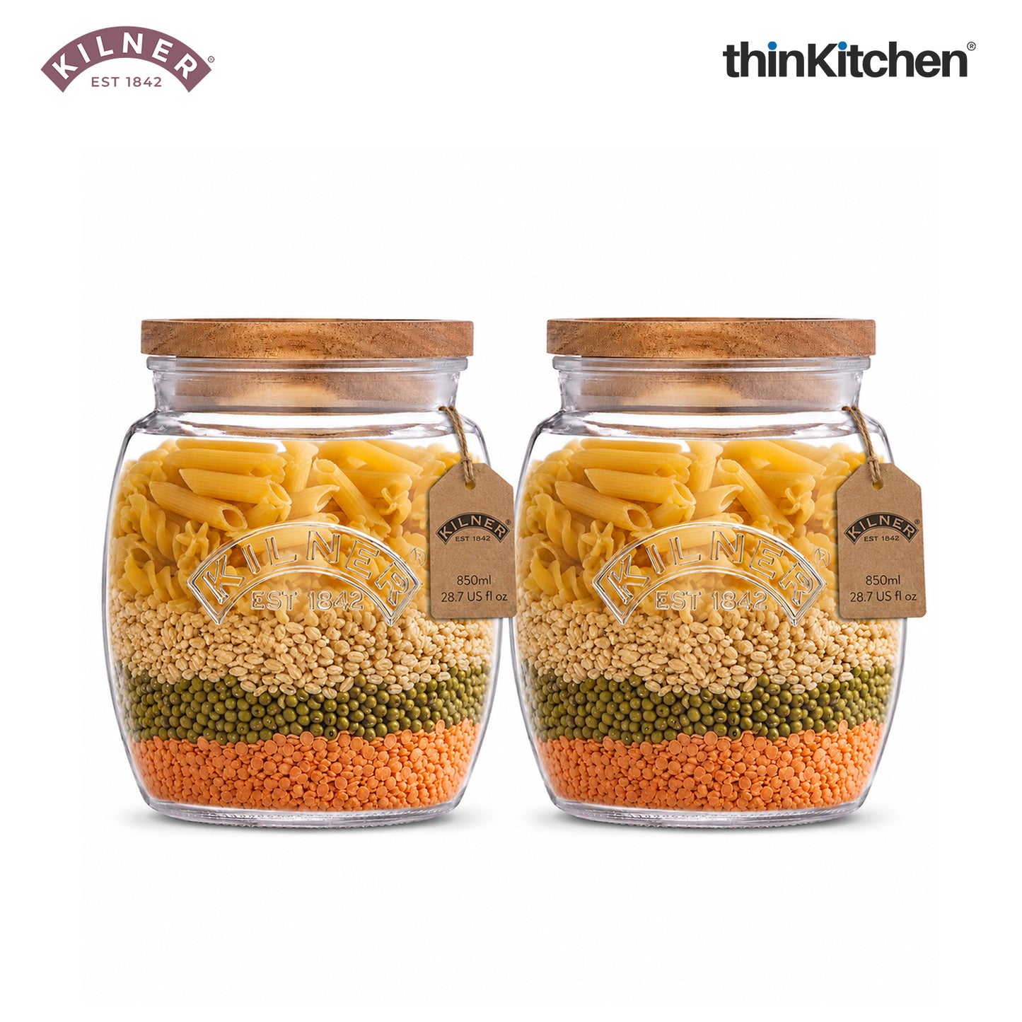 Kilner Premium Universal Airtight Glass Jar Set of 2 with Wooden Lid - 850ml | BPA Free, Reusable Kitchen Food Container for Dry Food, Grains, Pasta, Cereals, Pulses