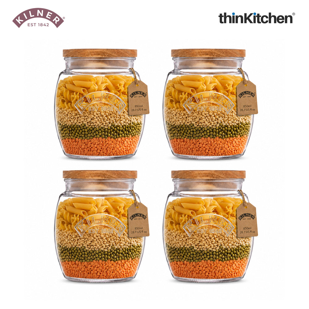 Kilner Premium Universal Airtight Glass Jar Set of 4 with Wooden Lid - 850ml | BPA Free, Reusable Kitchen Food Container for Dry Food, Grains, Pasta, Cereals, Pulses