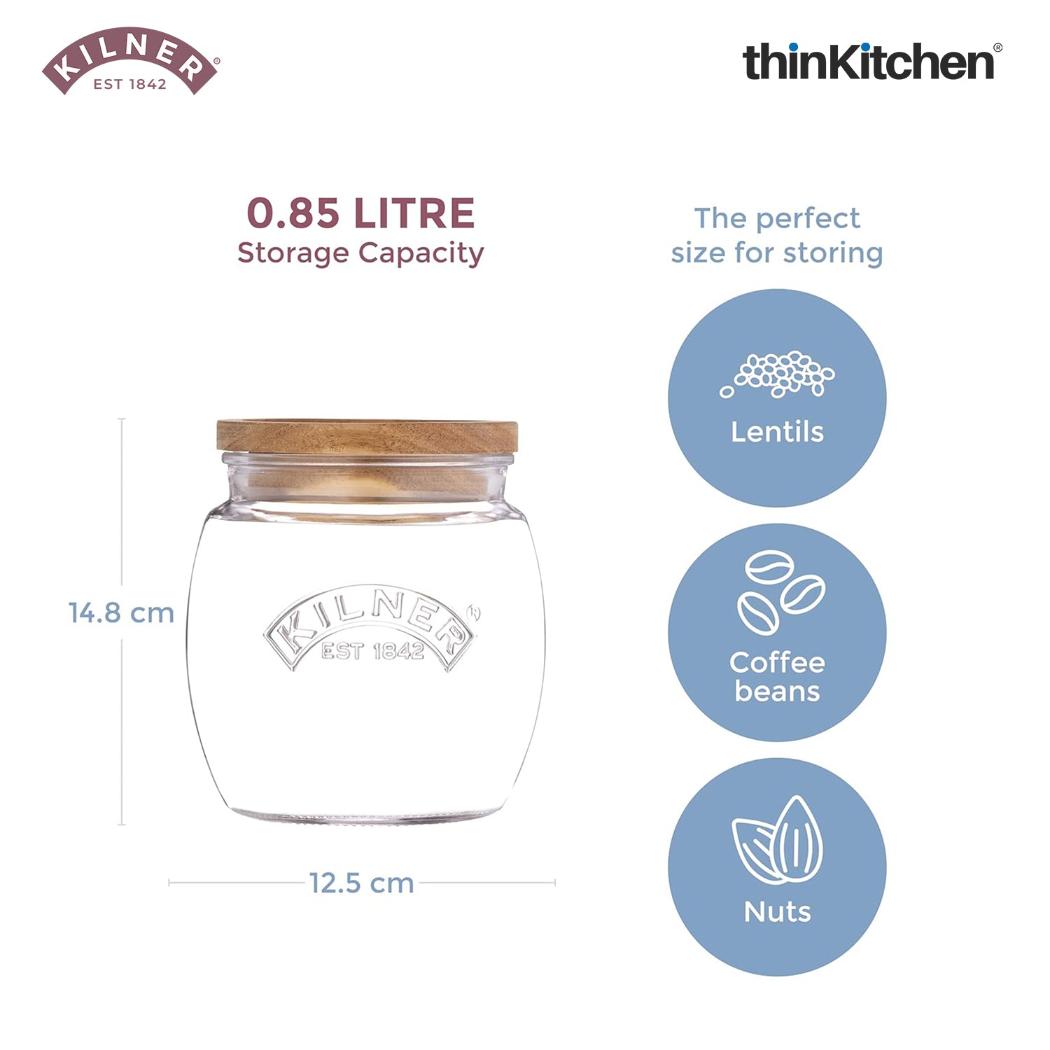 Kilner Premium Universal Airtight Glass Jar Set of 4 with Wooden Lid - 850ml | BPA Free, Reusable Kitchen Food Container for Dry Food, Grains, Pasta, Cereals, Pulses - 4