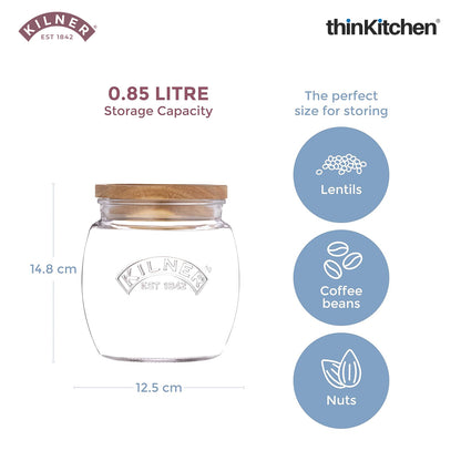 Kilner Premium Universal Airtight Glass Jar Set of 4 with Wooden Lid - 850ml | BPA Free, Reusable Kitchen Food Container for Dry Food, Grains, Pasta, Cereals, Pulses