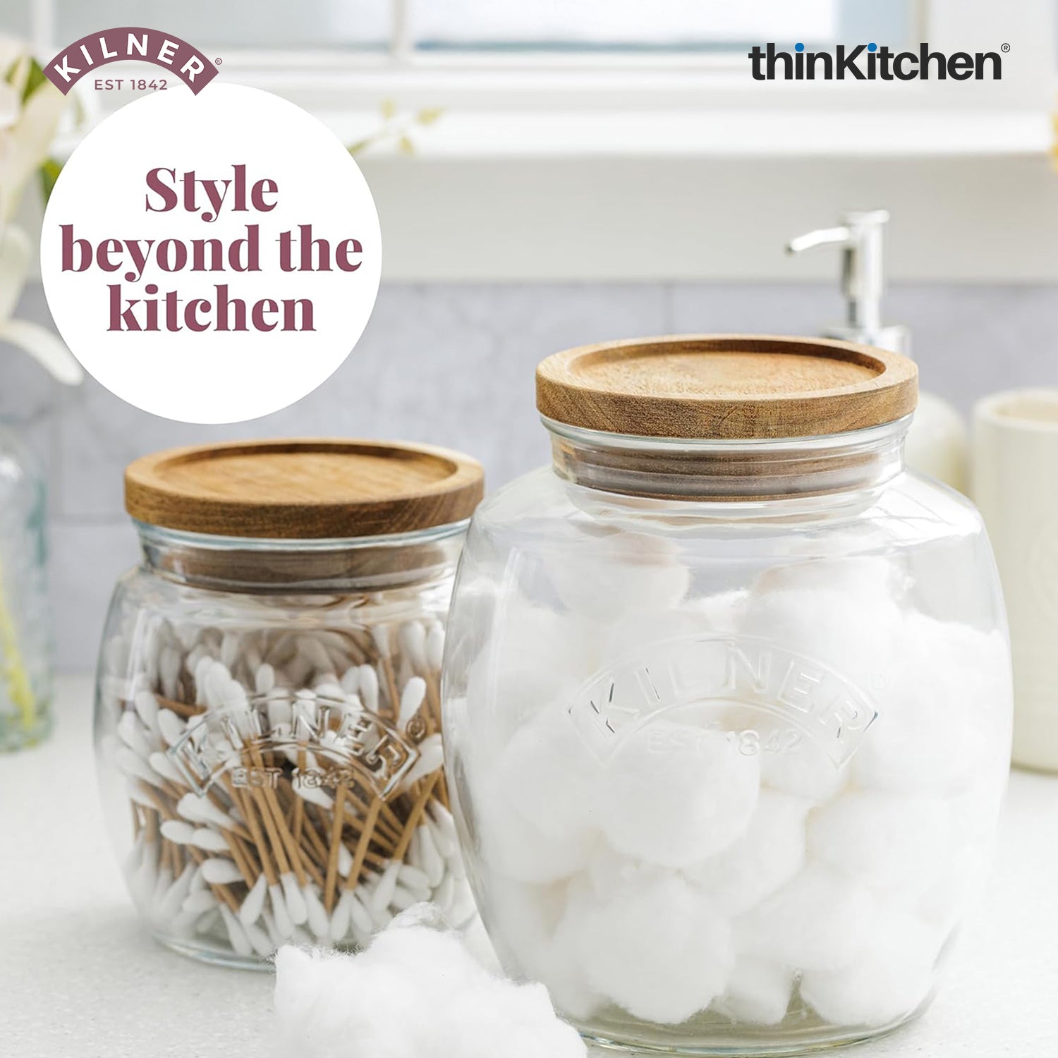 Kilner Premium Universal Airtight Glass Jar Set of 4 with Wooden Lid - 850ml | BPA Free, Reusable Kitchen Food Container for Dry Food, Grains, Pasta, Cereals, Pulses - 3