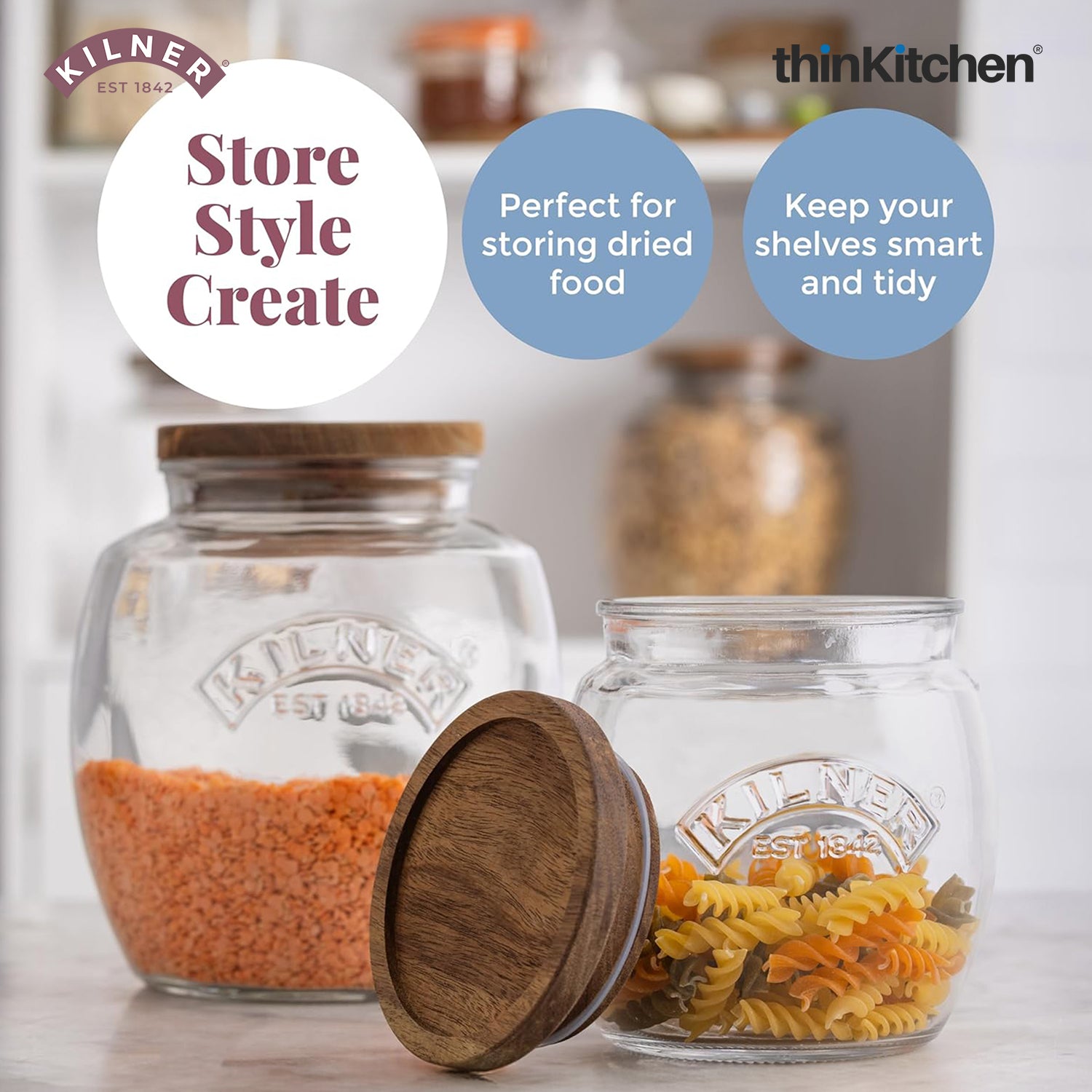 Kilner Premium Universal Airtight Glass Jar Set of 4 with Wooden Lid - 850ml | BPA Free, Reusable Kitchen Food Container for Dry Food, Grains, Pasta, Cereals, Pulses - 2