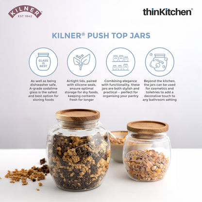 Kilner Premium Universal Airtight Glass Jar Set of 4 with Wooden Lid - 850ml | BPA Free, Reusable Kitchen Food Container for Dry Food, Grains, Pasta, Cereals, Pulses