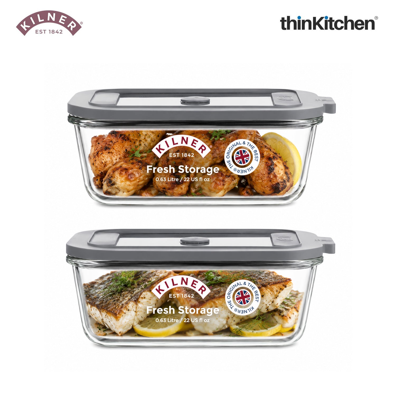 Kilner Premium 2 Pcs x 630ml  Airtight, Leakproof Glass Container for Food Storage, Leftovers, Snacks, Meal Prep | Oven safe, Freezer Safe, Fresh Series Container for Kitchen - 1
