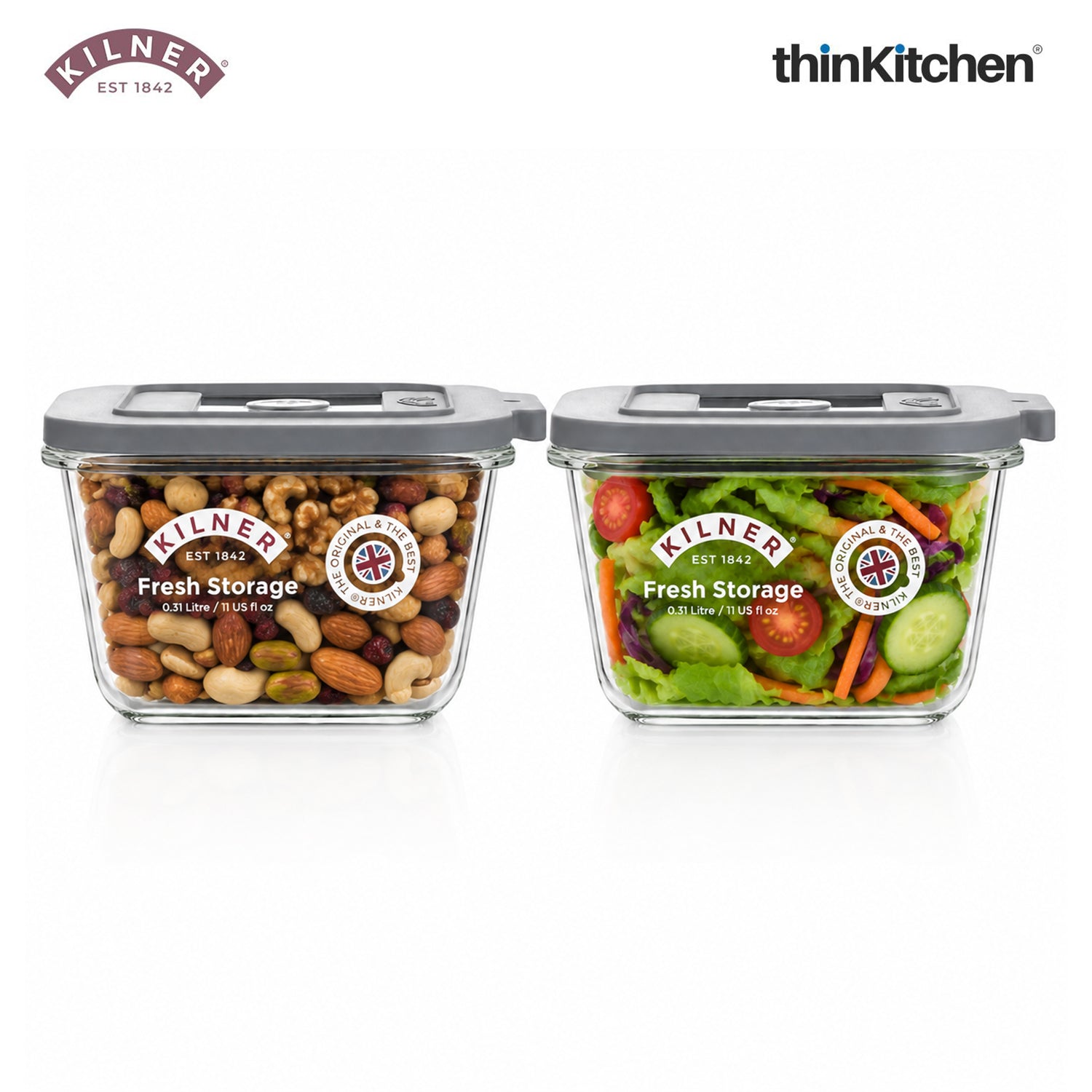 Kilner Premium 2 Pcs x 310ml Square Airtight, Leakproof Glass Container for Food Storage, Leftovers, Snacks, Meal Prep | Oven safe, Freezer Safe, Fresh Series Container for Kitchen - 1