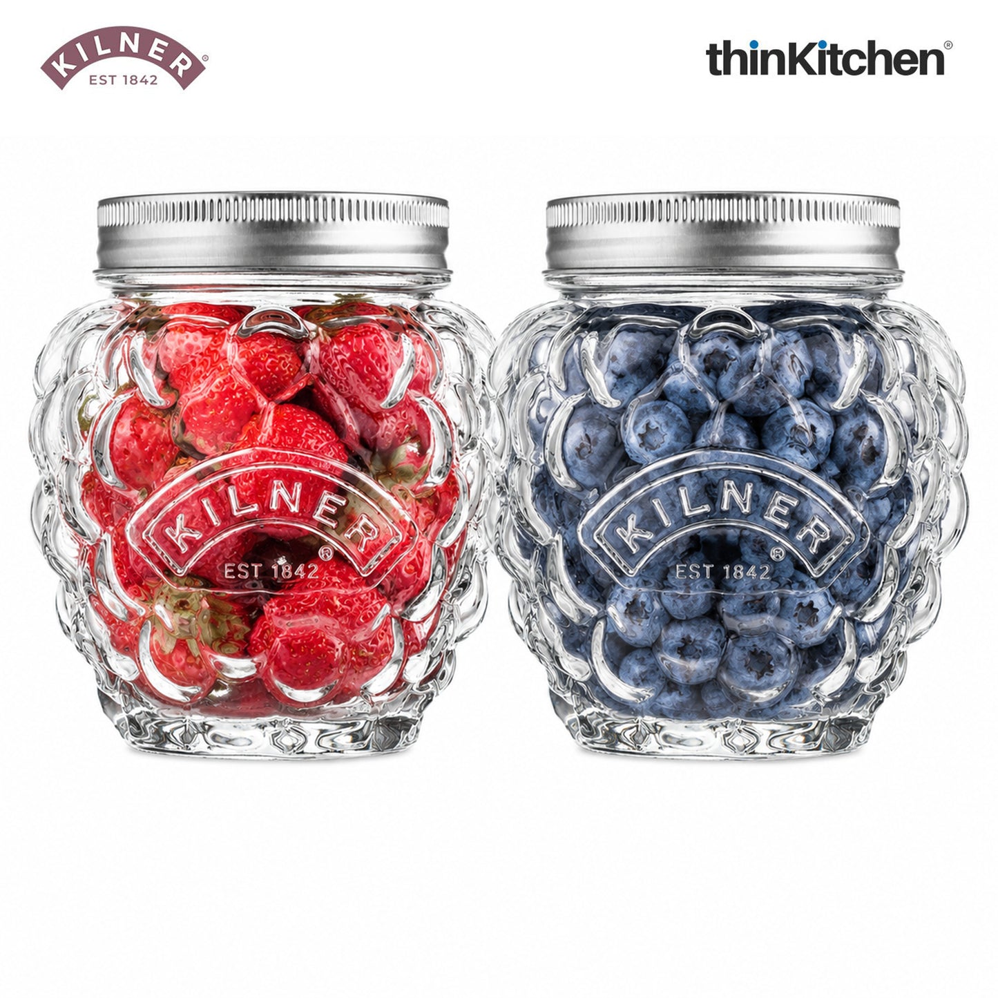 Kilner Premium 2 Pcs x 400ml Berry Shaped Airtight Preserve Glass Jars for Kitchen Storage, ideal for Jams, Chutneys | Multipurpose, Eco-Friendly, Reusable Transparent Glass Containers