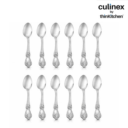 Culinex 18/8 Premium Stainless Steel 4.4" Tea Spoon Set of 12 for Tea, Coffee, Spices, Dessert -  Fest | Small Spoons, Silver Rustproof Stylish Flatware By thinKitchen
