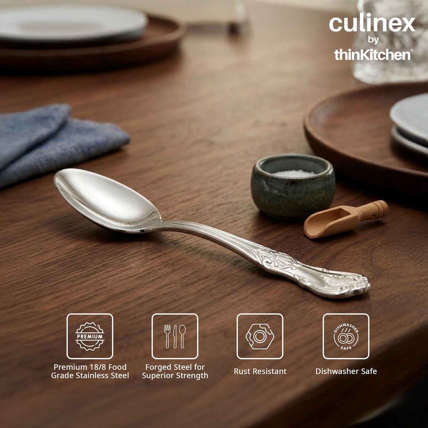 Culinex 18/8 Premium Stainless Steel 4.4" Tea Spoon Set of 12 for Tea, Coffee, Spices, Dessert -  Fest | Small Spoons, Silver Rustproof Stylish Flatware By thinKitchen