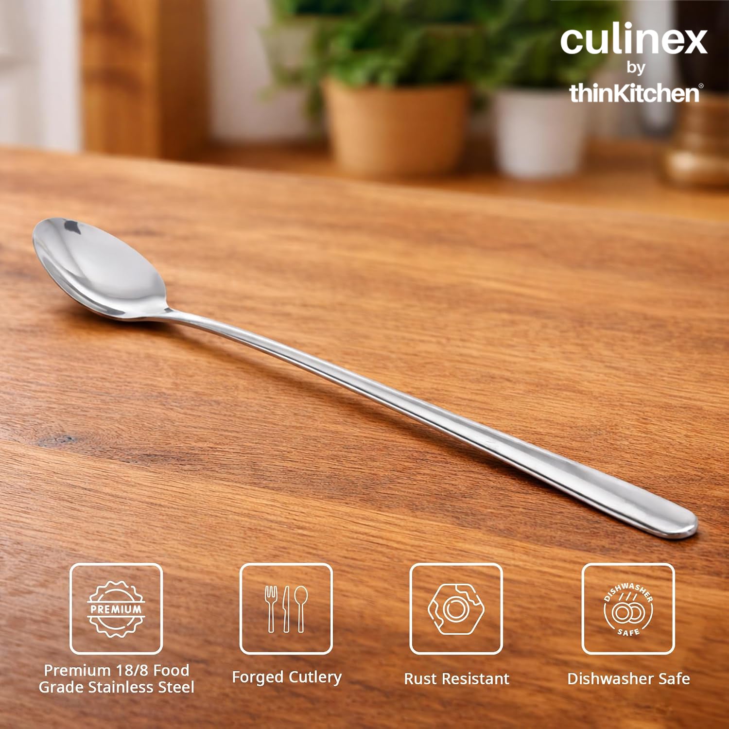 Culinex 18/8 Premium Stainless Steel 8.7" Long Handle Ice Tea Spoon Set of 4 - Extra Long Mixing & Stirring Spoons for Ice Cream, Cocktails, Tall Glass | Rust Resistant, Dishwasher Safe Cutlery - 3