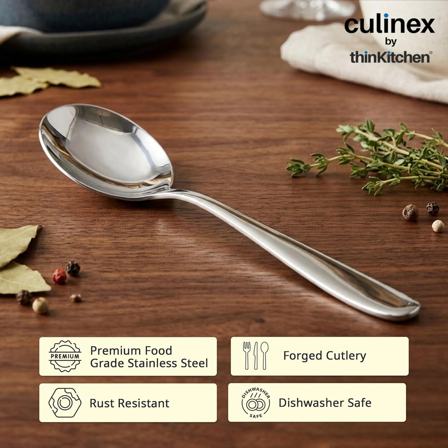 Culinex Premium Stainless Steel 9.5" Oval Serving Spoon Set of 4, Deluxe| All Purpose Kitchen Serving Spoon, Silver Rustproof Dishwasher Safe Kitchen Tools, Tableware By thinKitchen