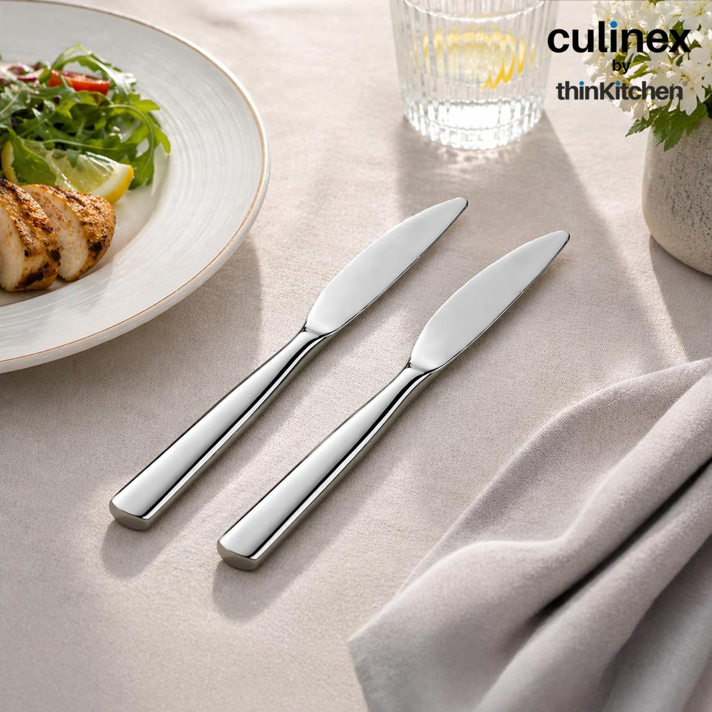 Culinex Premium Stainless Steel 8.5" Knife Set of 6 for Dining Table, Kitchen | Rustproof Dinner Knives, Silver Flatware by thinKitchen (Essen)