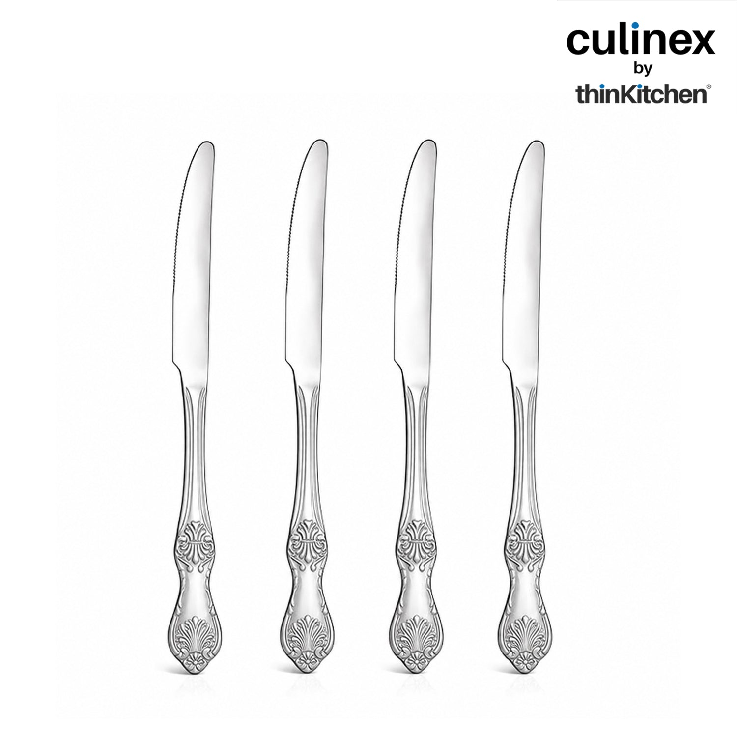 Culinex Premium Stainless Steel 9.5" Dinner Table Knife Set of 4 for Dining Table, Kitchen| Rustproof Heavy Dinner Knives, Silver Flatware By thinKitchen (Fest) - 1