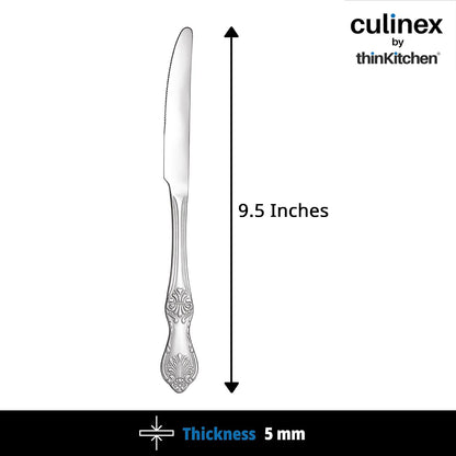 Culinex Premium Stainless Steel 9.5" Dinner Table Knife Set of 4 for Dining Table, Kitchen| Rustproof Heavy Dinner Knives, Silver Flatware By thinKitchen (Fest)