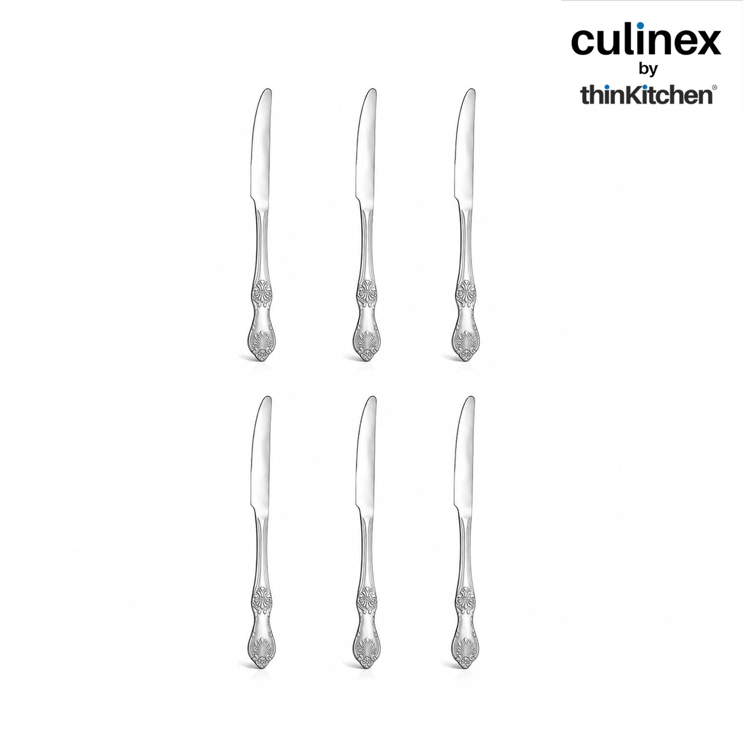 Culinex Premium Stainless Steel 9.5" Dinner Table Knife Set of 6 for Dining Table, Kitchen| Rustproof Heavy Dinner Knives, Silver Flatware By thinKitchen (Fest) - 1