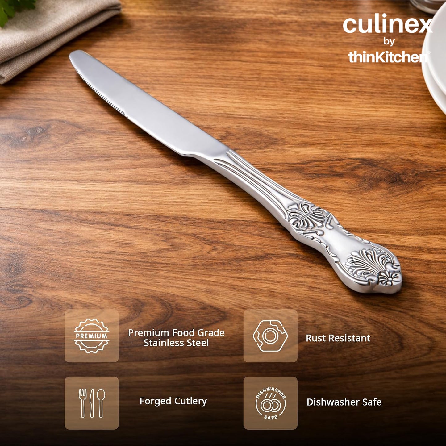 Culinex Premium Stainless Steel 9.5" Dinner Table Knife Set of 6 for Dining Table, Kitchen| Rustproof Heavy Dinner Knives, Silver Flatware By thinKitchen (Fest)