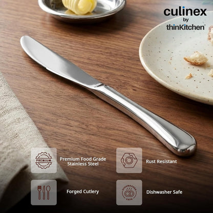 Culinex Premium Stainless Steel 8.5" Dinner Knife Set of 6 for Dining, Home & Kitchen | Rustproof Table Butter Knives, Silver Flatware by thinKitchen (Dora)