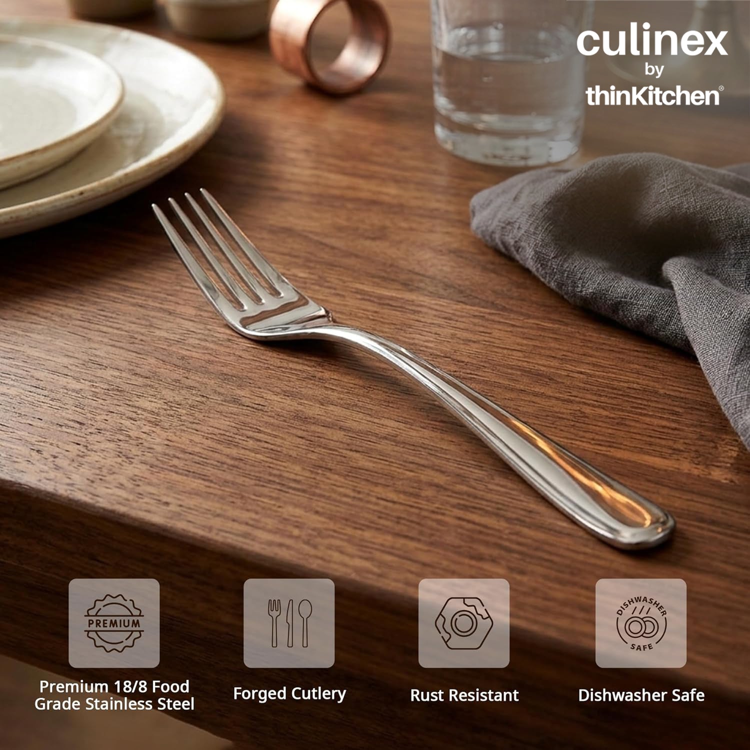 Culinex 18/8 Premium Stainless Steel 8.3" Table Fork Set of 4 for Dining Table, Home, Kitchen| Heavy, Rustproof Dinner Forks, Silver Flatware By thinKitchen (Dora) - 2