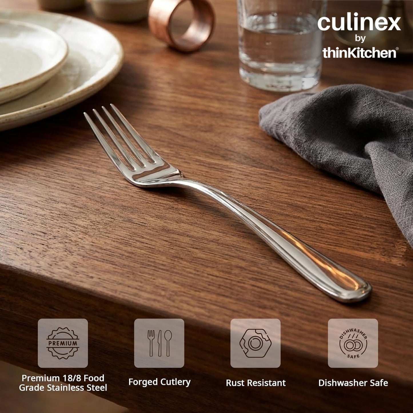 Culinex 18/8 Premium Stainless Steel 8.3" Table Fork Set of 6 for Dining Table, Home, Kitchen| Heavy, Rustproof Dinner Forks, Silver Flatware By thinKitchen (Dora)