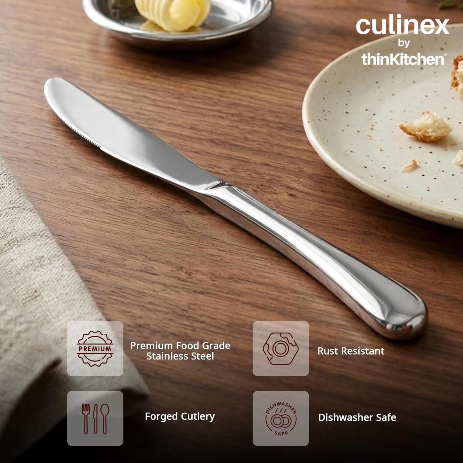 Culinex 18/8 Premium Stainless Steel 2.5" Butter Knife Set of 4 for Kitchen, Butter Jam Spreader | Silver Rustproof Flatware Tableware By thinKitchen - 4