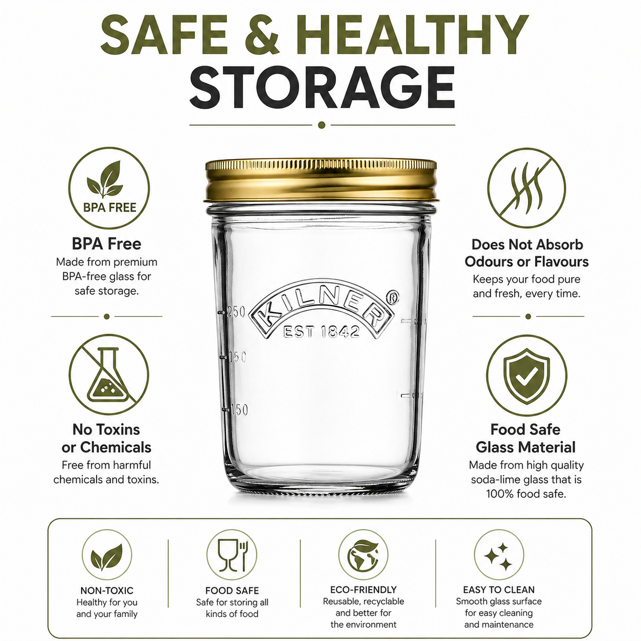 Kilner Premium 350ml Wide Mouth Airtight Glass Preserve Jar for Jams, Pickles, Chutneys