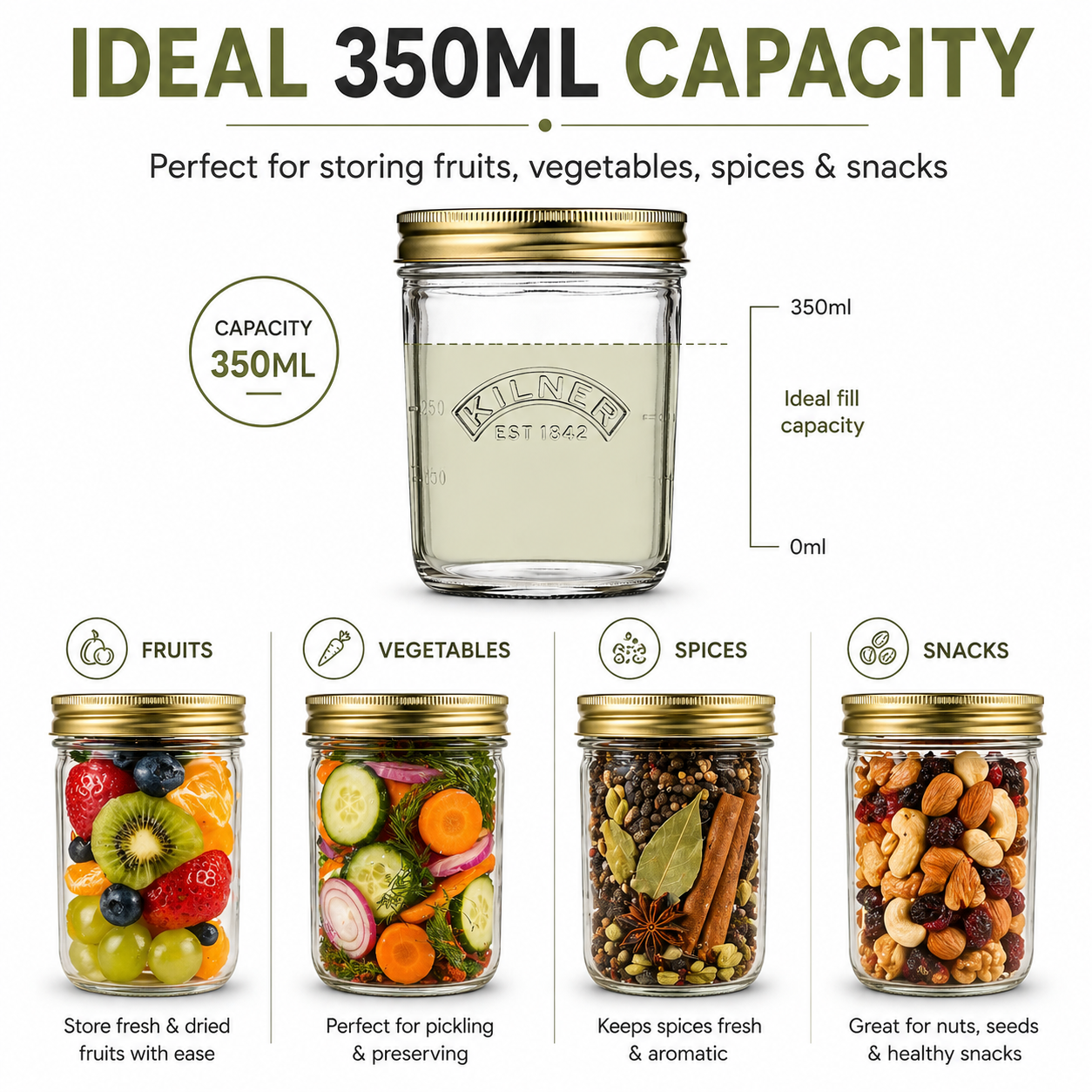 Kilner Premium 350ml Wide Mouth Airtight Glass Preserve Jar for Jams, Pickles, Chutneys