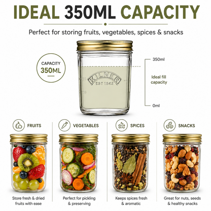 Kilner Premium 350ml Wide Mouth Airtight Glass Preserve Jar for Jams, Pickles, Chutneys