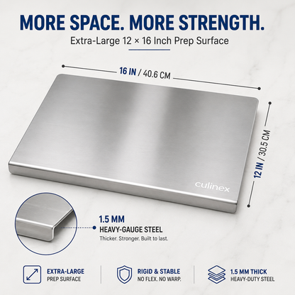 Premium Stainless Steel Counter Top Chopping Board 1.5 mm Thick – 12 x 16 Inches |  Heavy Duty Food-Grade Metal Kitchen Cutting Board