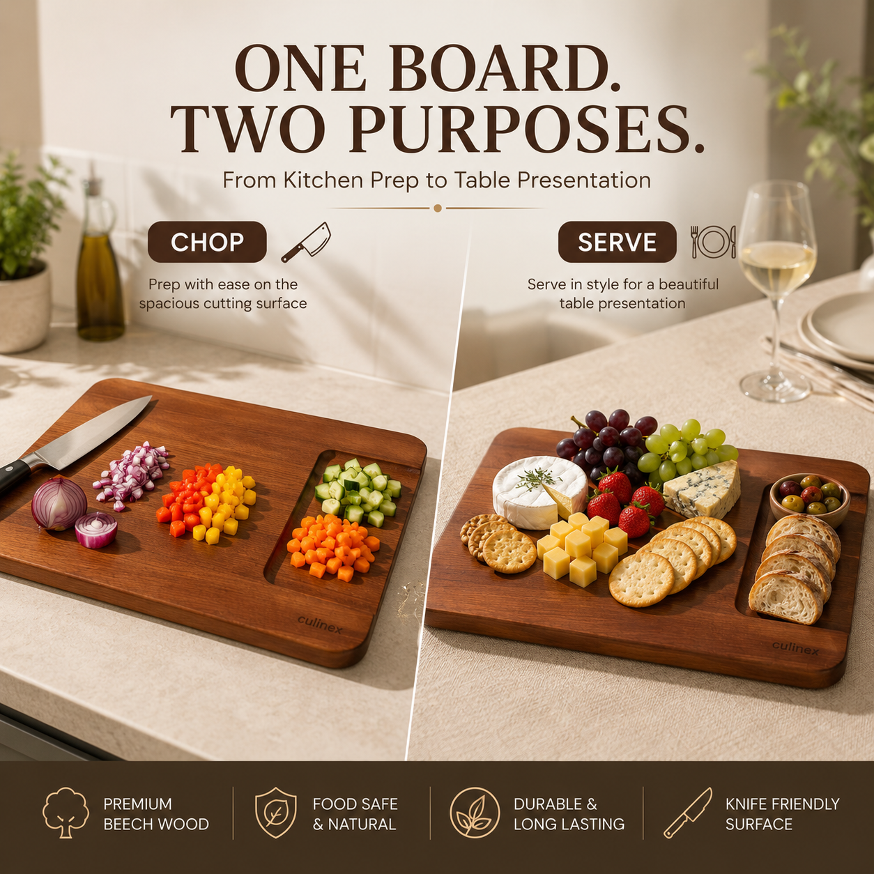 Culinex Beach Wood Premium Chopping and Serving Board | Carbonized 2-in-1 Cutting Board | Eco-Friendly, Durable