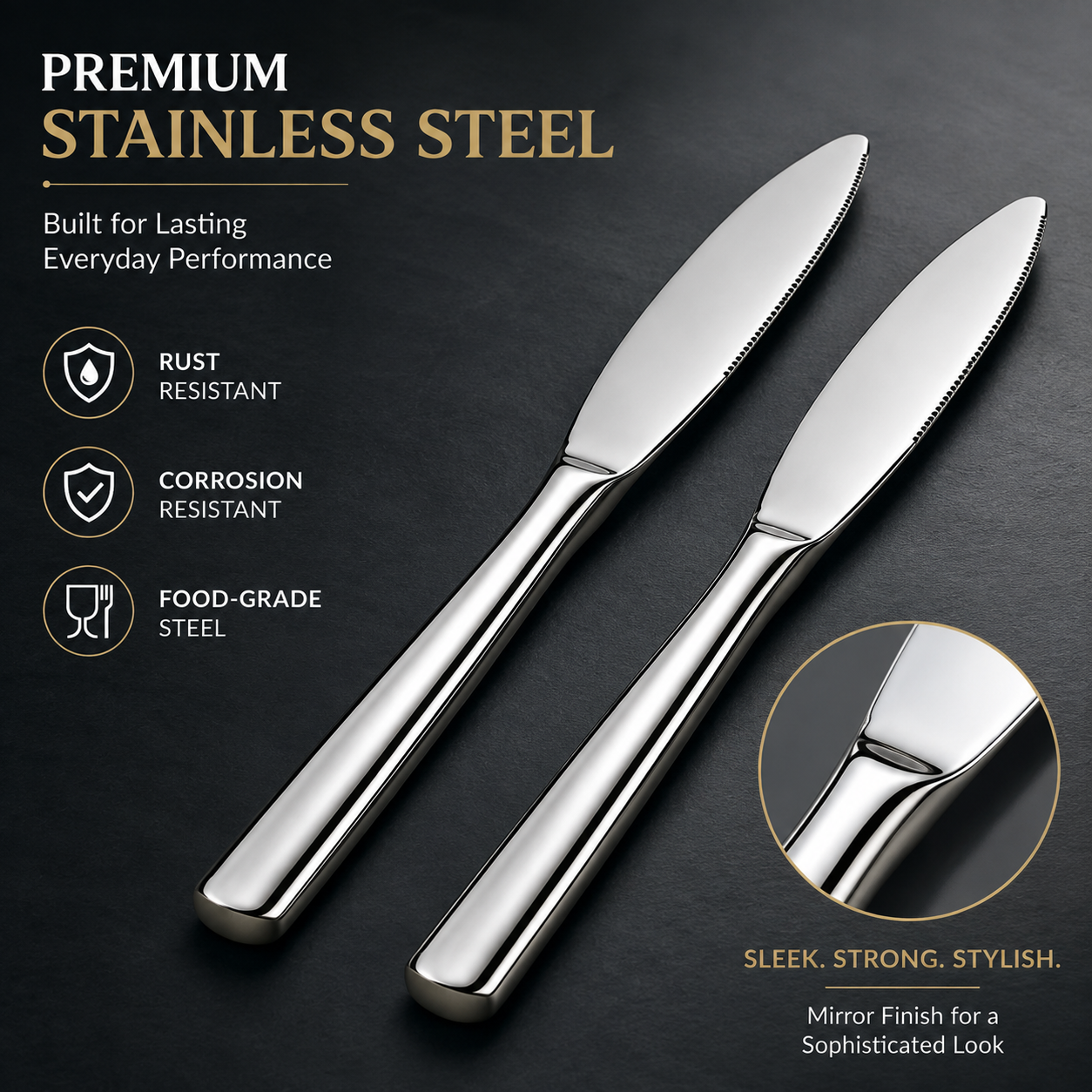 Culinex Stainless Steel 8.5" Premium Knife Set of 2 for Dining Table, Kitchen | Rustproof Dinner Knives, Silver Flatware by thinKitchen (Essen) - 2