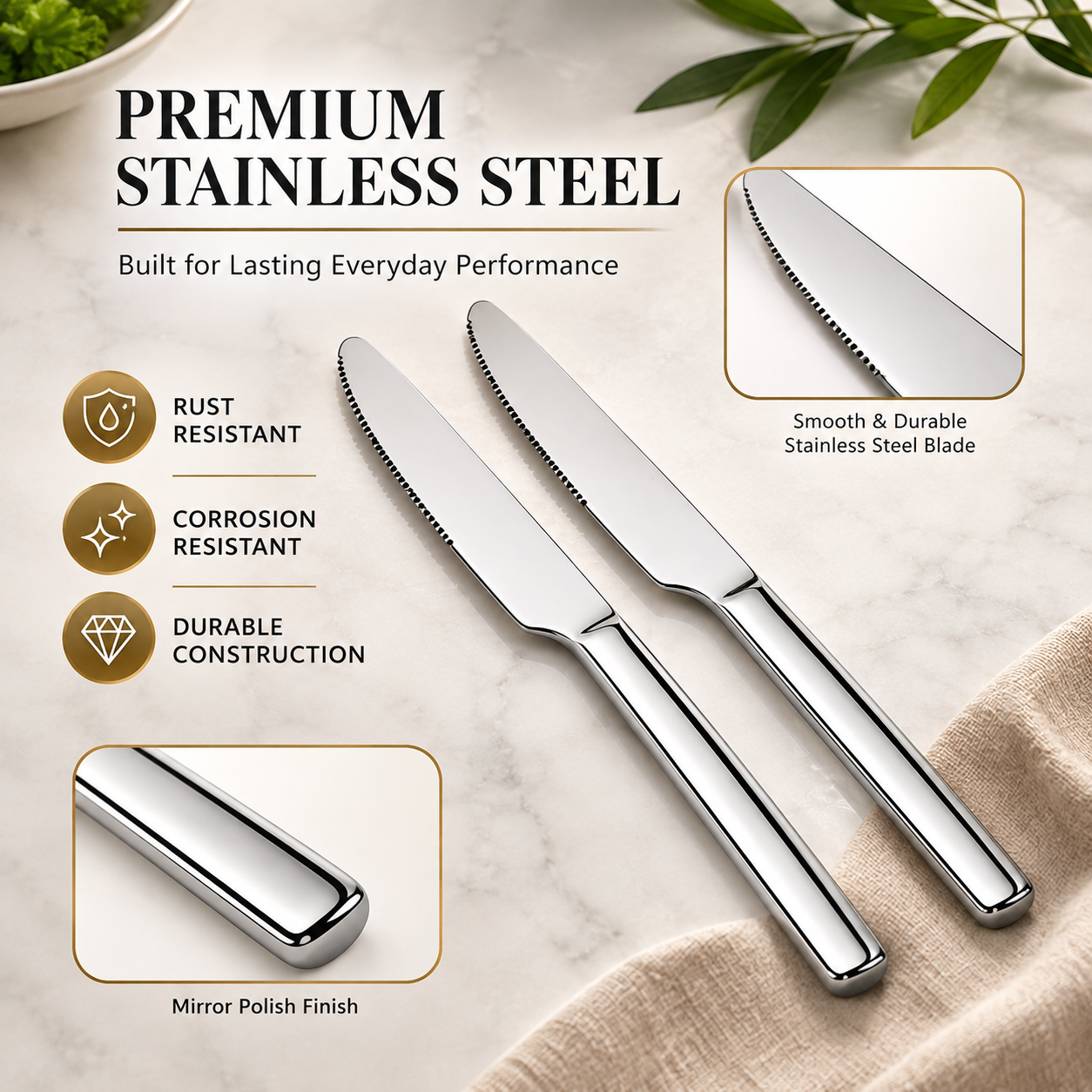 Culinex Stainless Steel 8.5" Premium Knife Set of 2 for Dining Table, Kitchen | Rustproof Dinner Knives, Silver Flatware by thinKitchen (Queen) - 3
