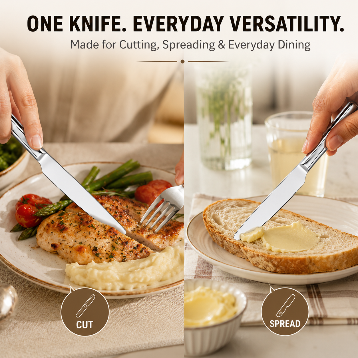 Culinex Stainless Steel 8.5" Premium Knife Set of 2 for Dining Table, Kitchen | Rustproof Dinner Knives, Silver Flatware by thinKitchen (Queen) - 2