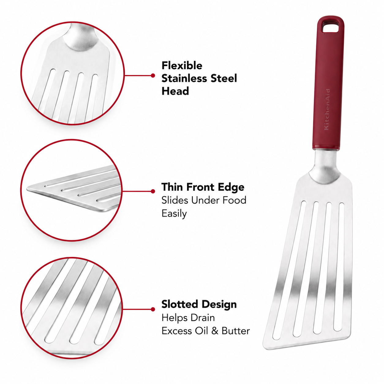 KitchenAid Stainless Steel Flexible Turner Spatula - Empire Red, 31.5cms | Heat Resistant