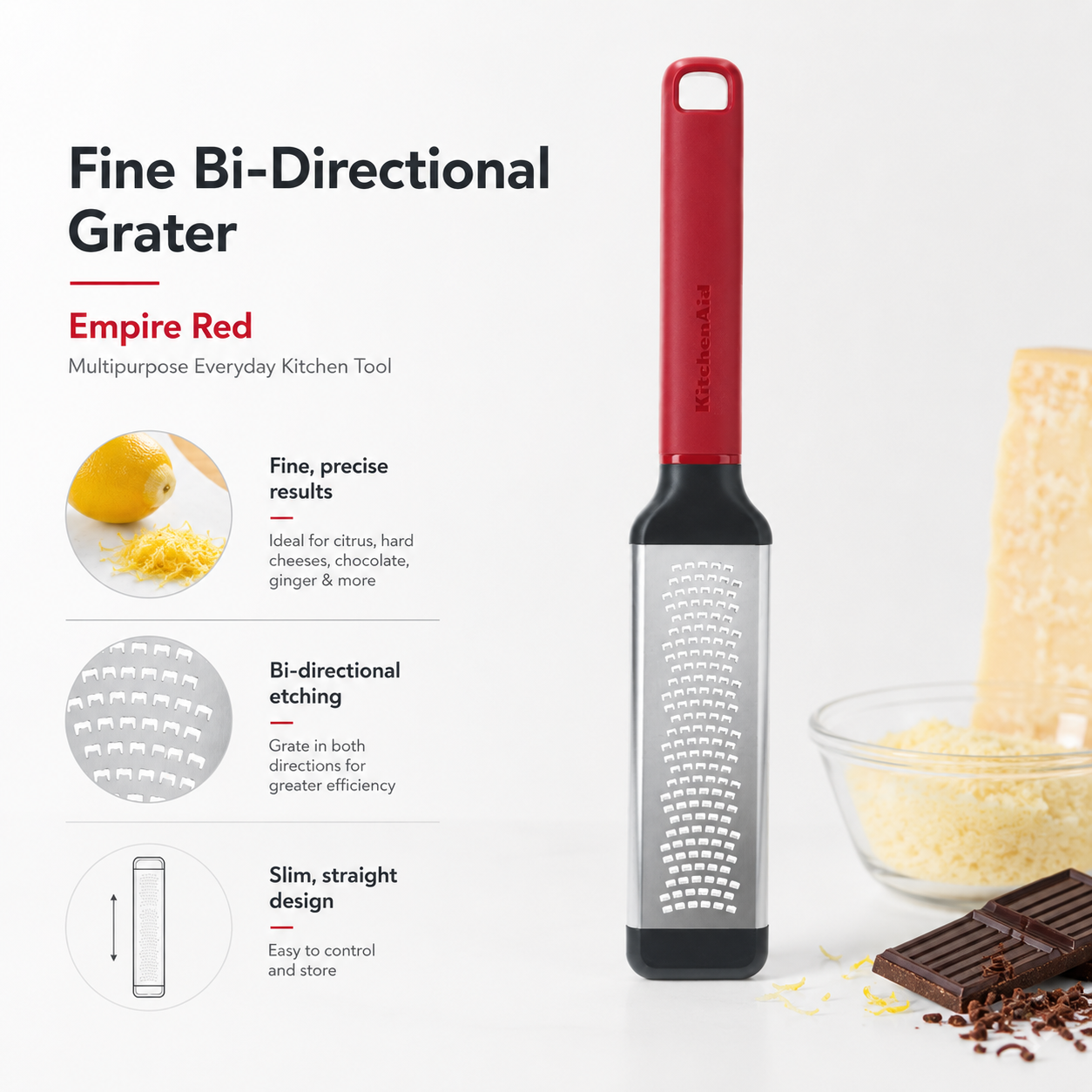 KitchenAid Premium Stainless Steel Multipurpose Fine Bi-Directional Grater & Zester - Empire Red