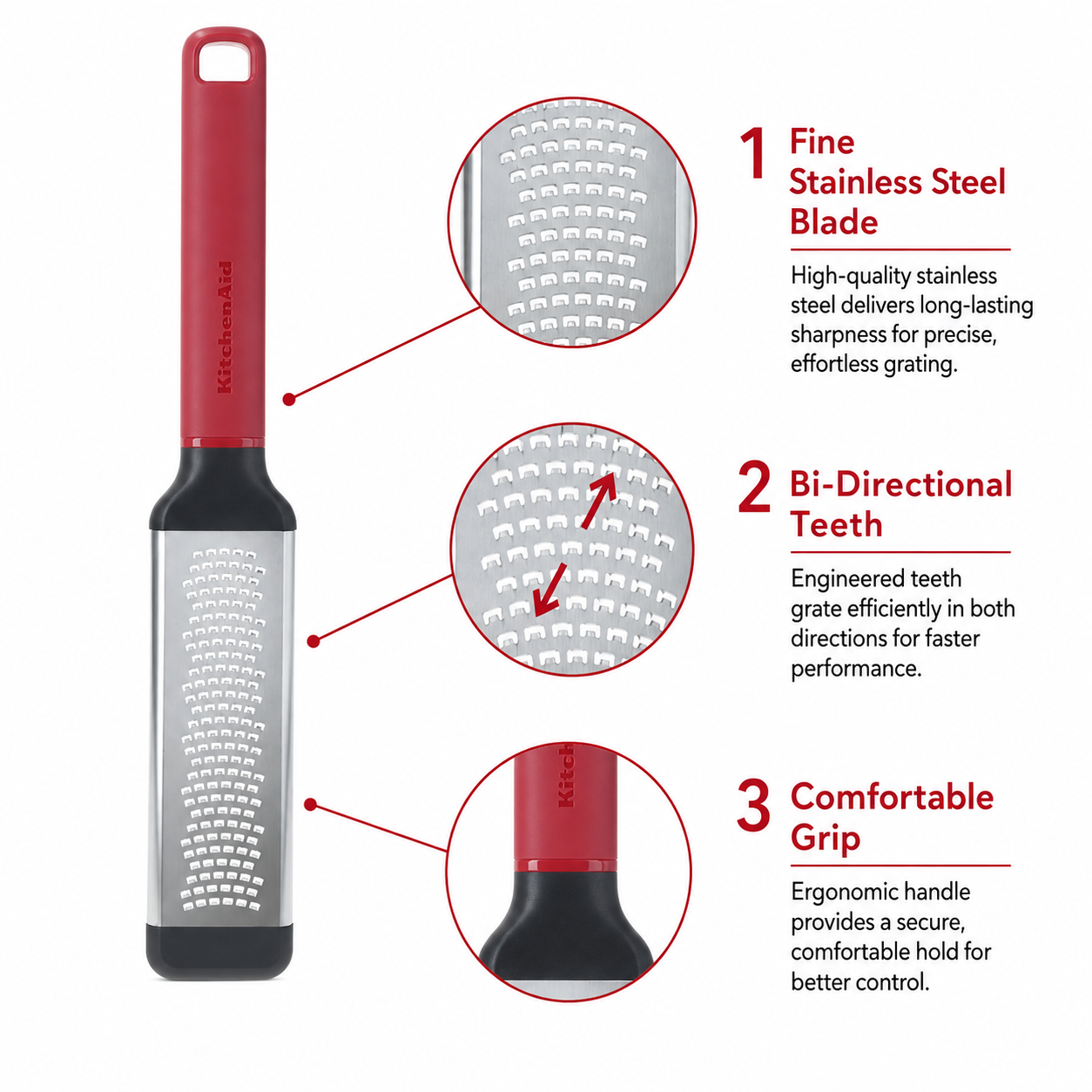KitchenAid Premium Stainless Steel Multipurpose Fine Bi-Directional Grater & Zester - Empire Red