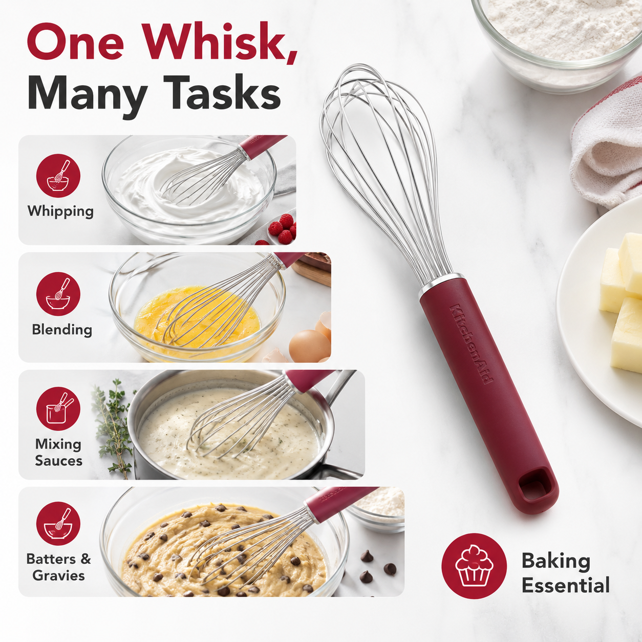 KitchenAid Stainless Steel Whisk - Empire Red, 27 cms | Heat Resistant Cooking Utensil