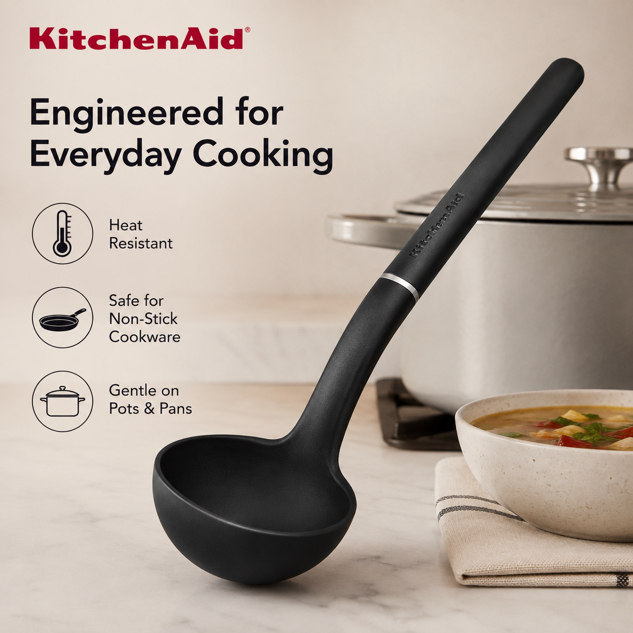 KitchenAid Utility Ladle, Matte Black, Heat Resistant Cooking Utensil, Non-Stick Safe with Durable Handle, 27cm