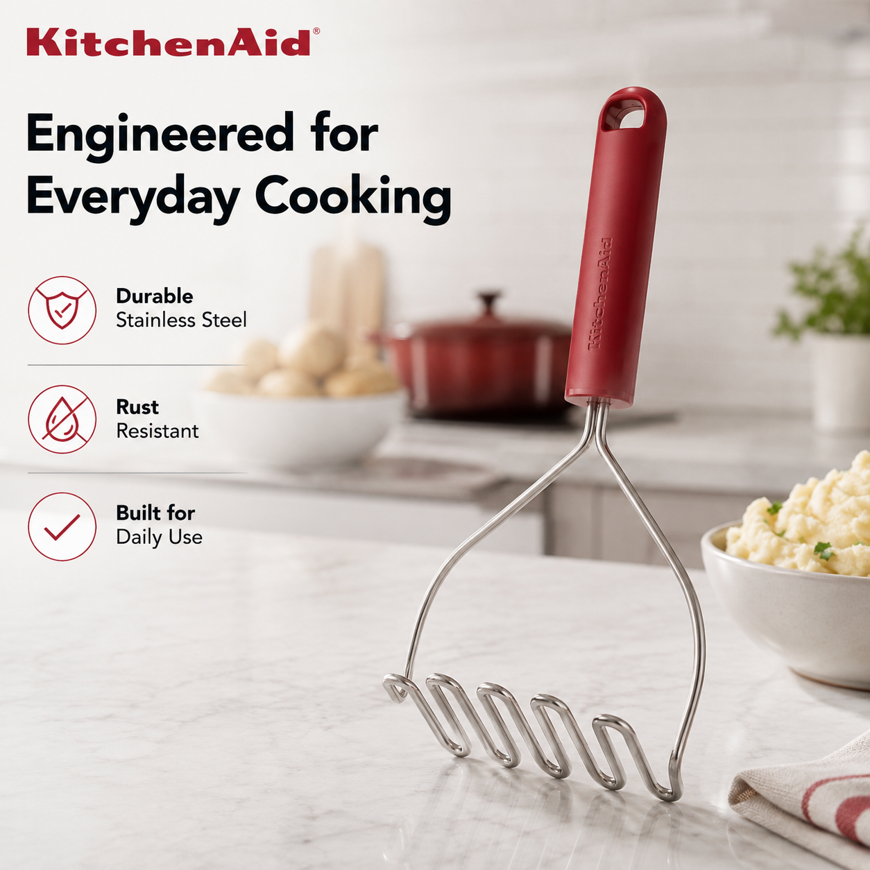 KitchenAid Stainless Steel Masher - Empire Red, 25.5cms | Rust Resistant and Dishwasher Safe