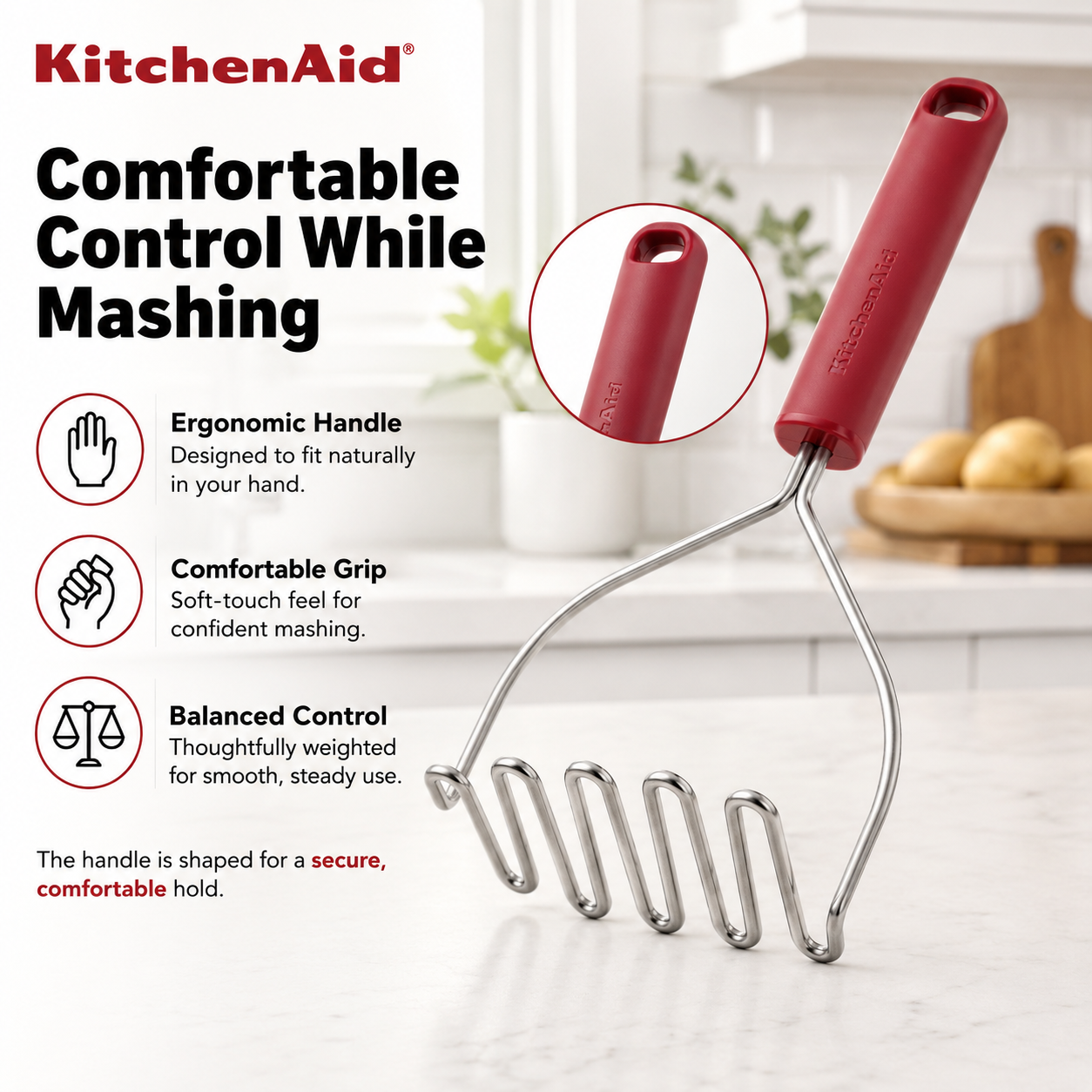 KitchenAid Stainless Steel Masher - Empire Red, 25.5cms | Rust Resistant and Dishwasher Safe