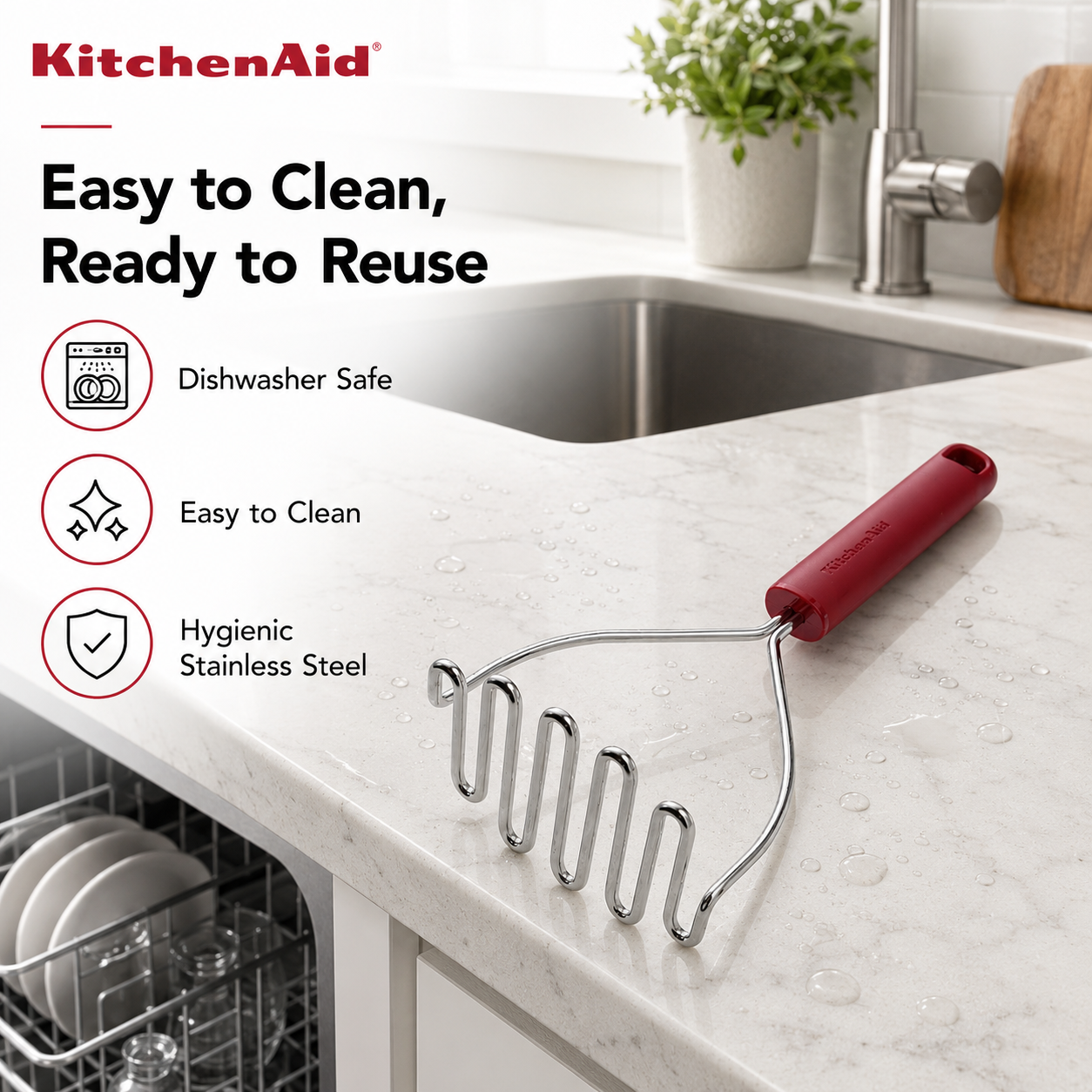 KitchenAid Stainless Steel Masher - Empire Red, 25.5cms | Rust Resistant and Dishwasher Safe - 2