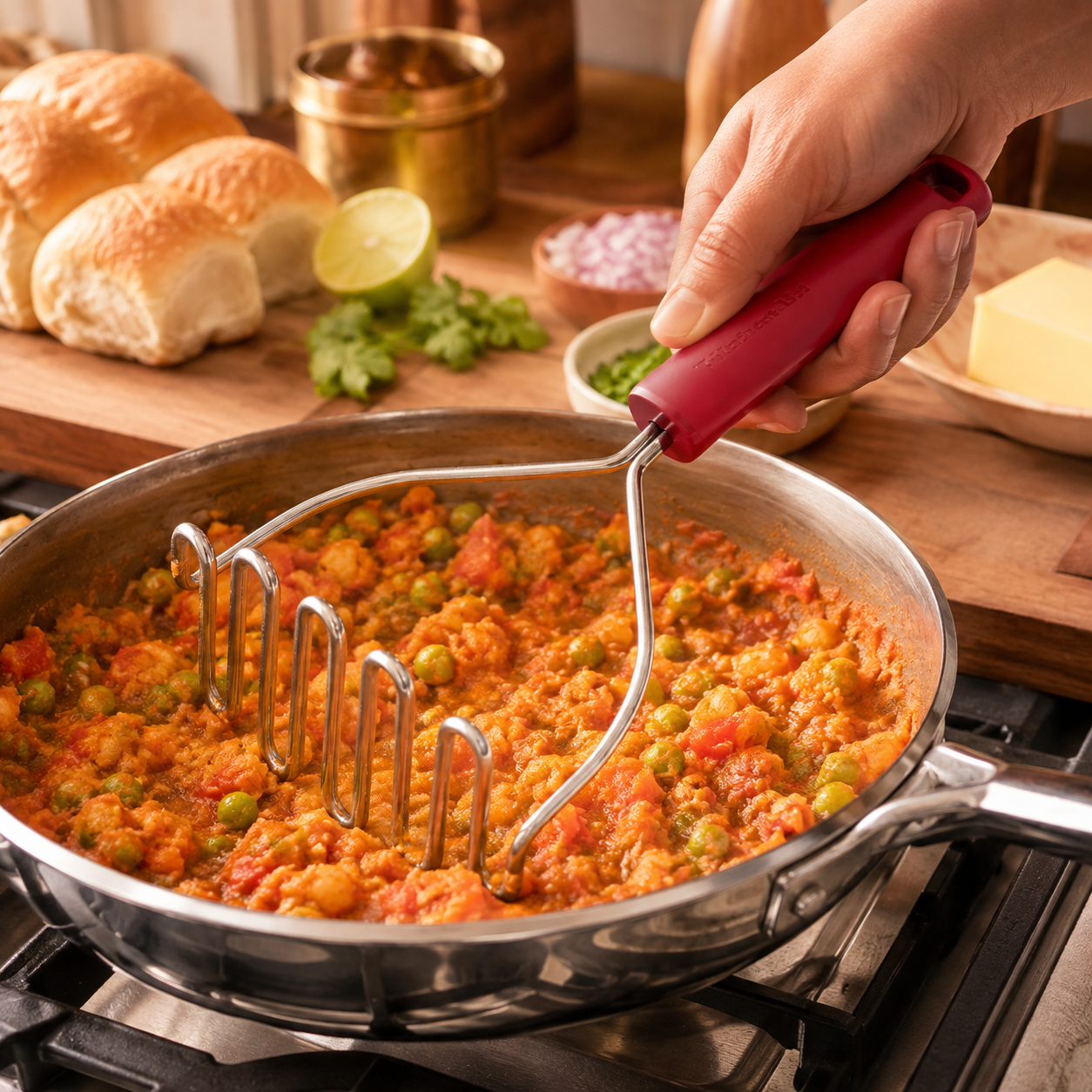 KitchenAid Stainless Steel Masher - Empire Red, 25.5cms | Rust Resistant and Dishwasher Safe