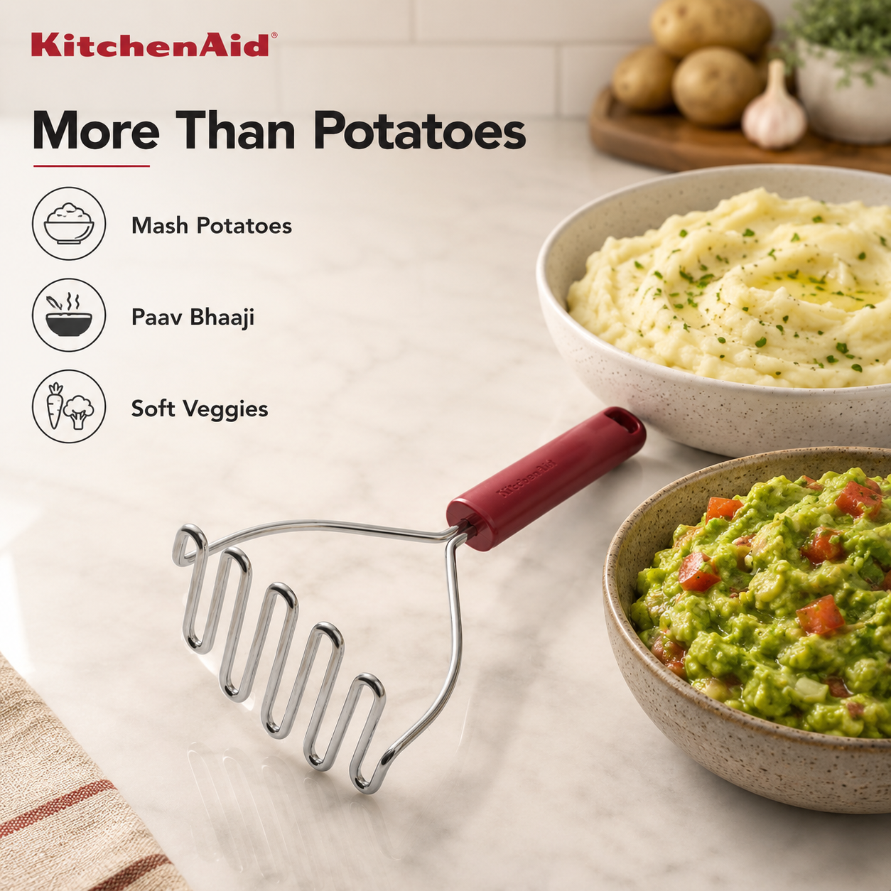 KitchenAid Stainless Steel Masher - Empire Red, 25.5cms | Rust Resistant and Dishwasher Safe - 8
