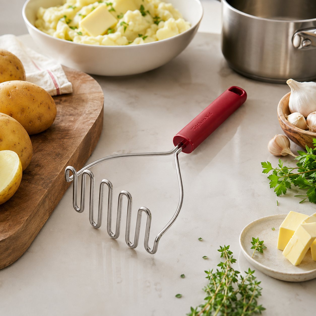 KitchenAid Stainless Steel Masher - Empire Red, 25.5cms | Rust Resistant and Dishwasher Safe - 1