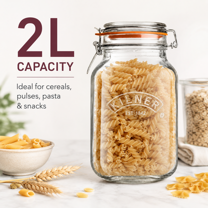 Kilner Premium 2L  Airtight Square Wire Clip Top Glass Jar for Food Storage, Biscuits, Cereals, Pulses