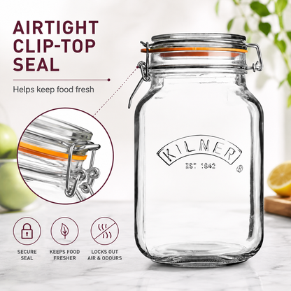 Kilner Premium 2L  Airtight Square Wire Clip Top Glass Jar for Food Storage, Biscuits, Cereals, Pulses