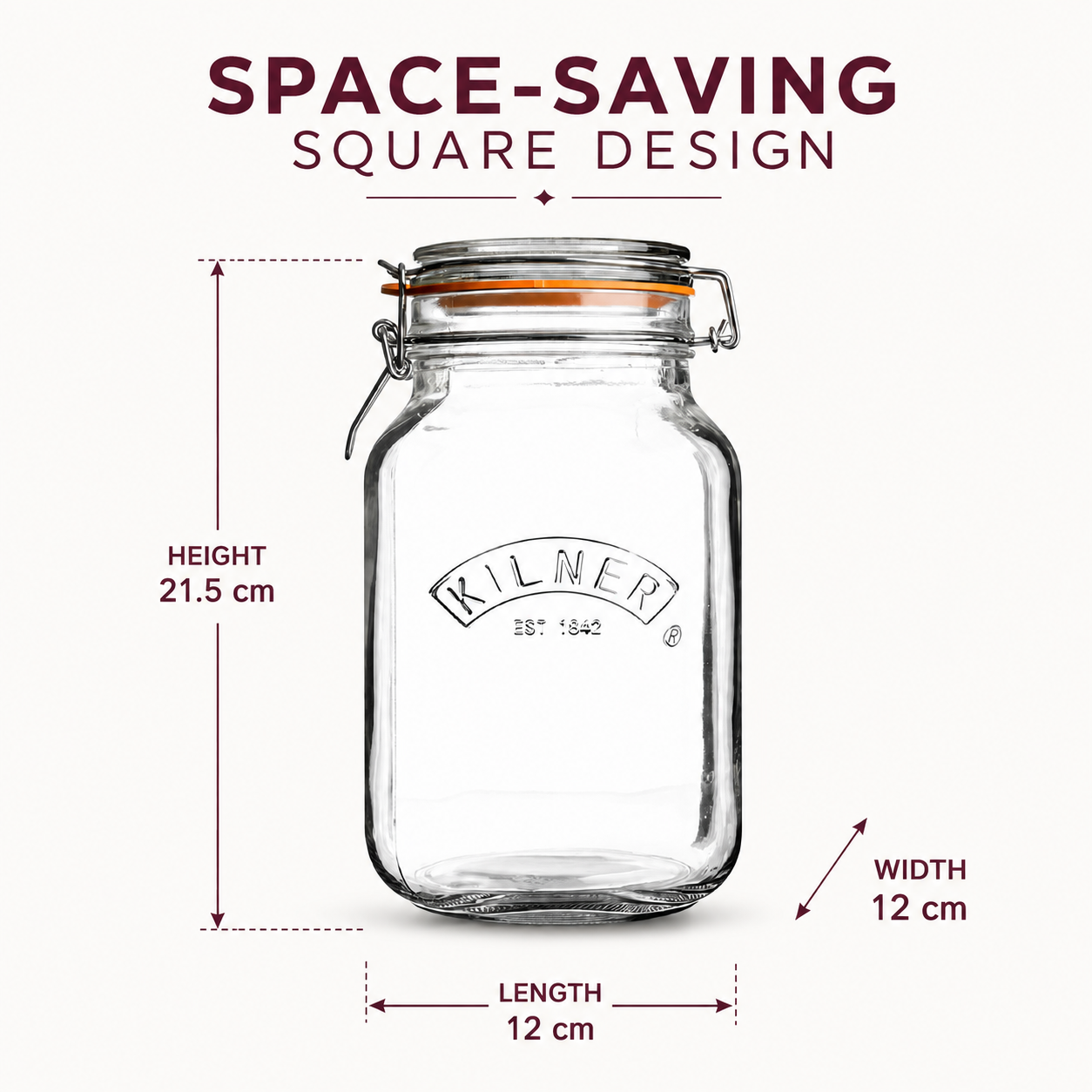 Kilner Premium 2L  Airtight Square Wire Clip Top Glass Jar for Food Storage, Biscuits, Cereals, Pulses - 5