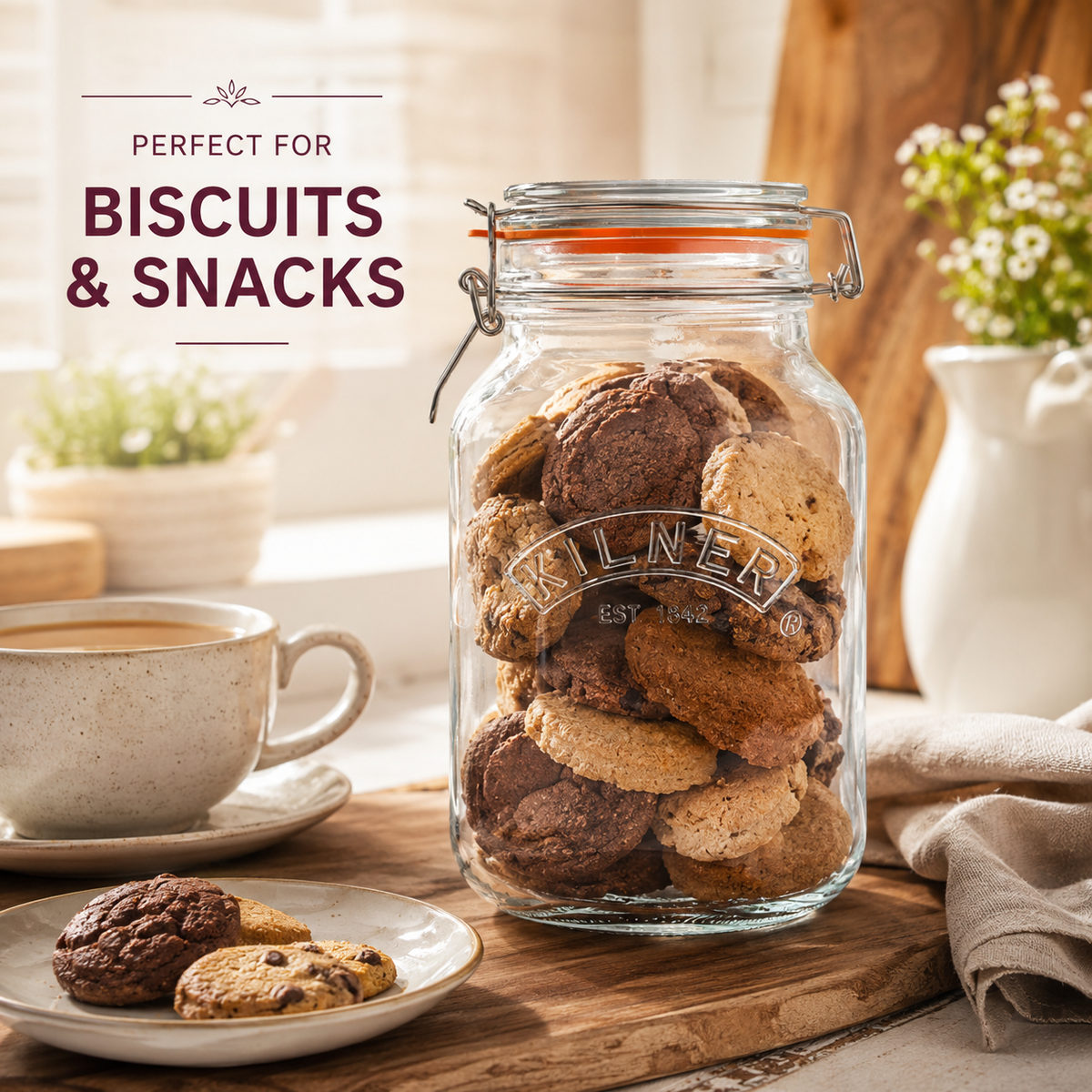 Kilner Premium 2L  Airtight Square Wire Clip Top Glass Jar for Food Storage, Biscuits, Cereals, Pulses - 4