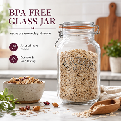 Kilner Premium 2L  Airtight Square Wire Clip Top Glass Jar for Food Storage, Biscuits, Cereals, Pulses
