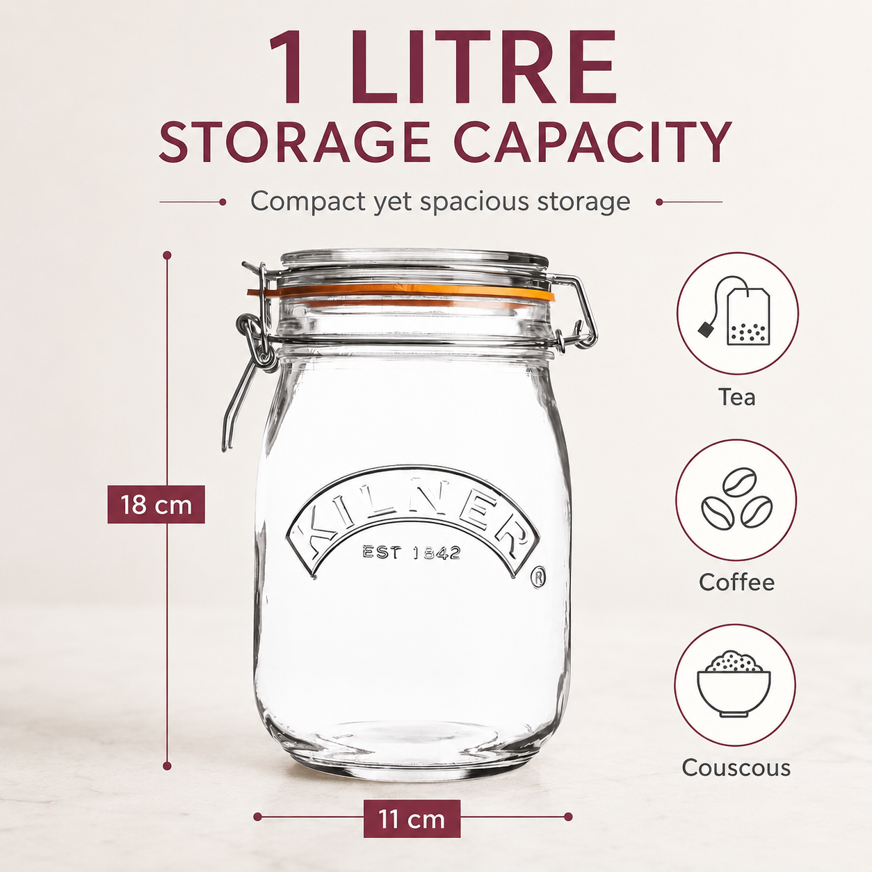 Kilner Premium 1L Round Airtight Glass Jar with Clip Top Lid for Coffee, Tea, Drinks, Flour, Pulses, Grains, Biscuits
